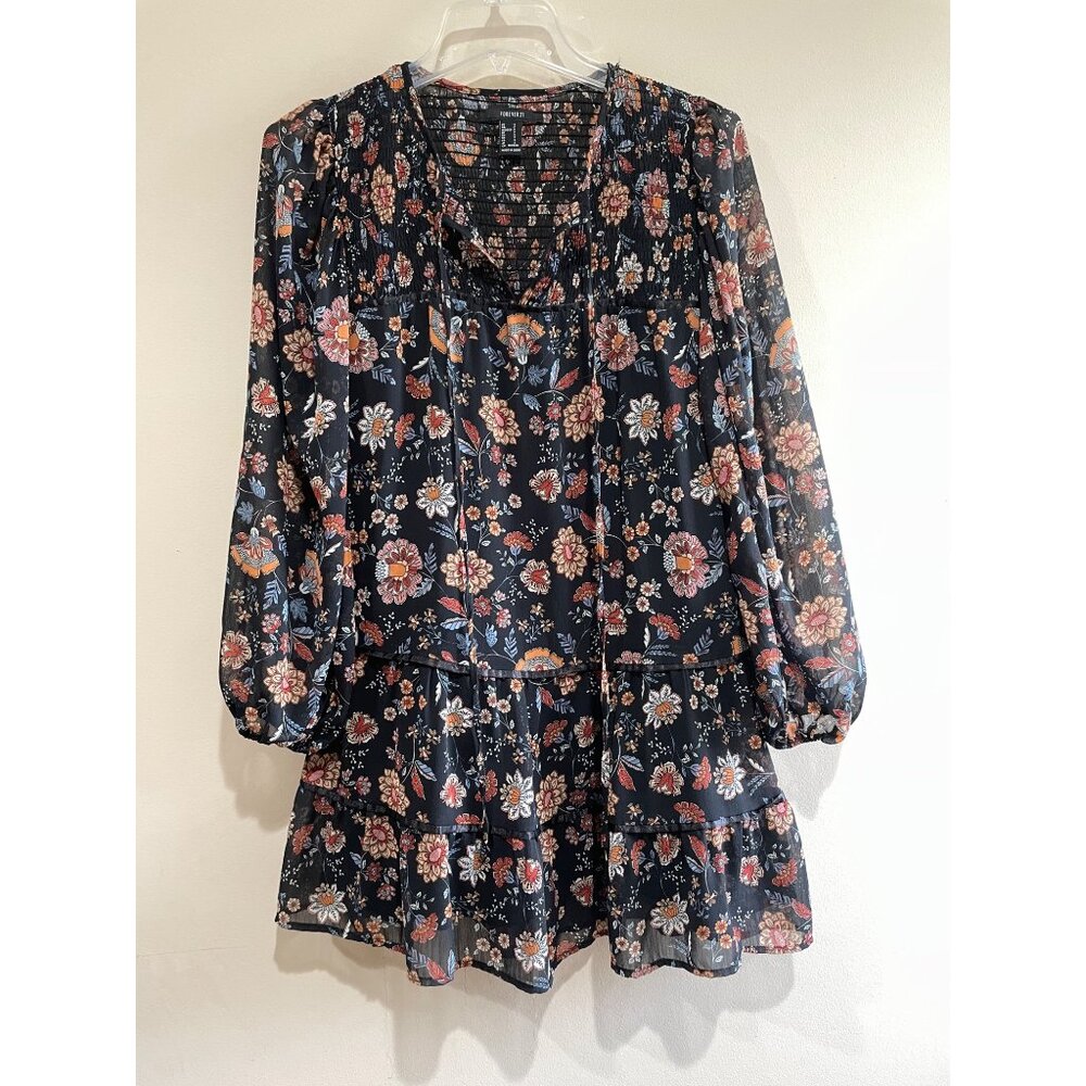 Forever 21 Babydoll Dress Womens S Black Floral Tiered Ballon Sleeve Bohemian